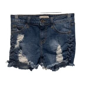 Aphrodite Lace-Up Distressed Denim Shorts Frayed‎ Hem Medium Wash Size XS/S
